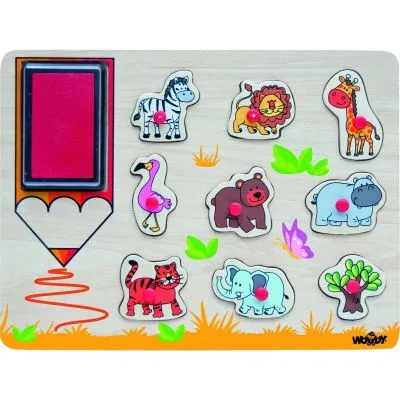 Medinė puzlė su rankenėlėmis + štampukai "Afrikos gyvūnai"