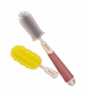 Akuku buteliukų, puodelių ir žindukų silikoninis šepetys su kempine, beige/pink, A0512