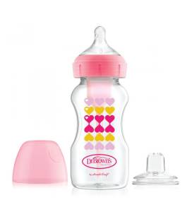 DR.BROWN'S buteliukas pereinamasis OPTIONS+ plačiu kakleliu, rožinis 270ml + silikoninis snapelis